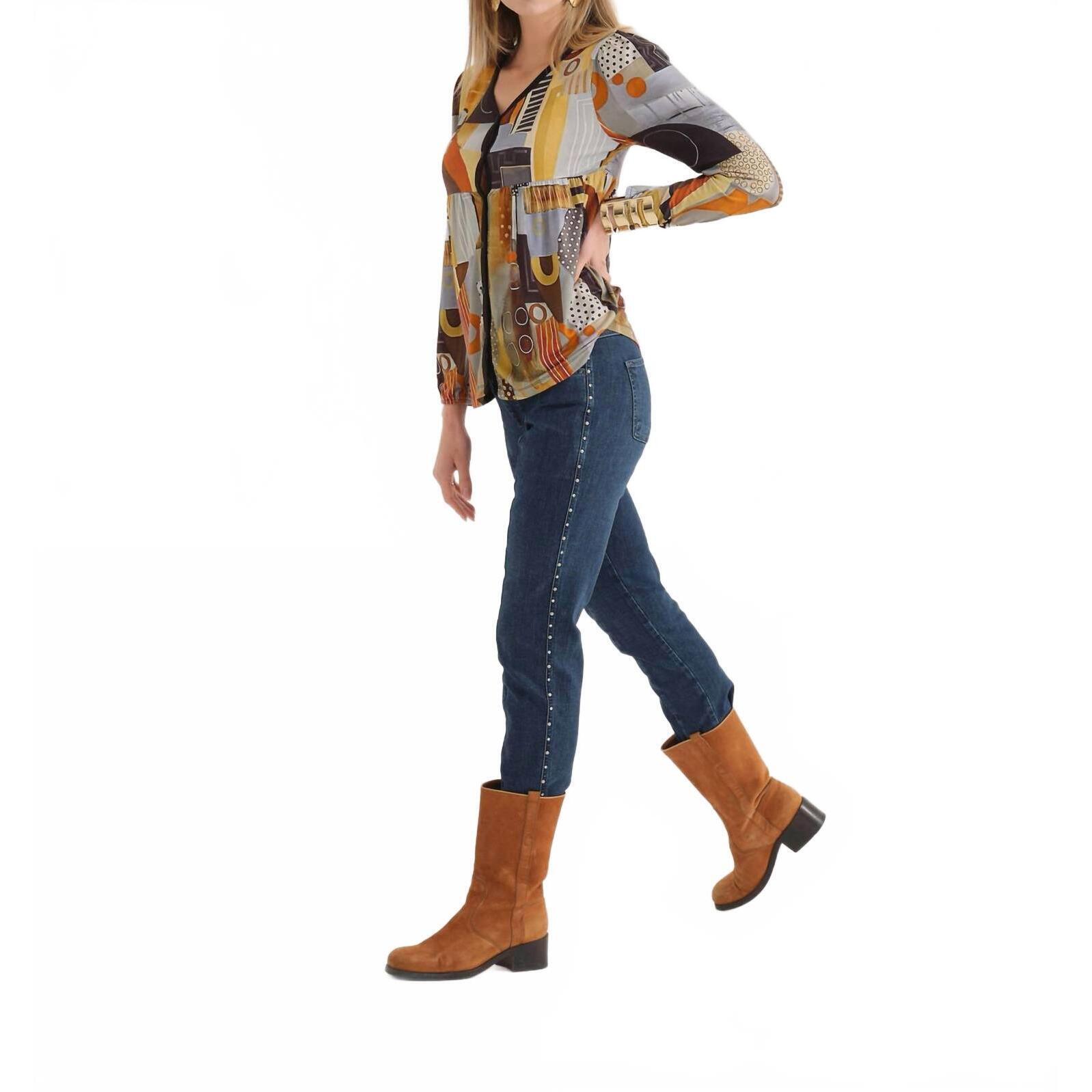 New Dolcezza Mixed Print Long Sleeve Blouse In Brown Multi